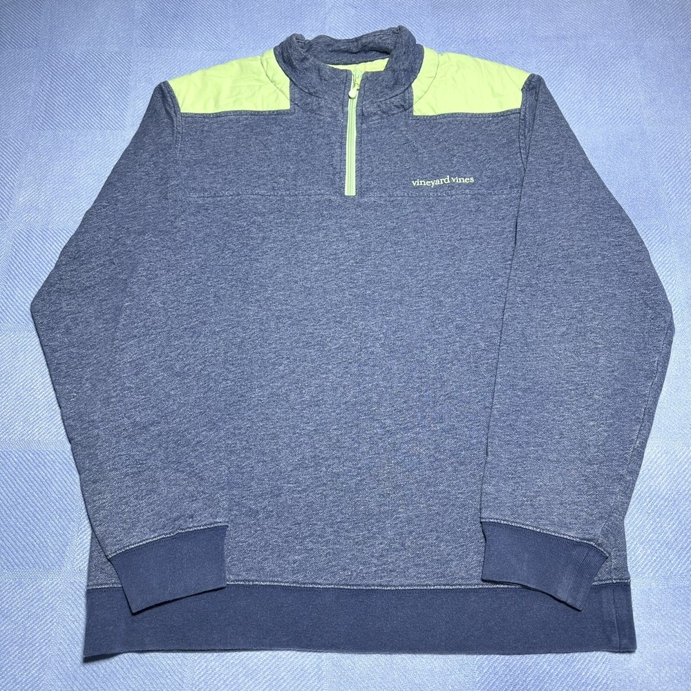 Vineyard Vines 1/4 Zip Mens Medium Heathered Blue Lime Green Pullover Preppy
